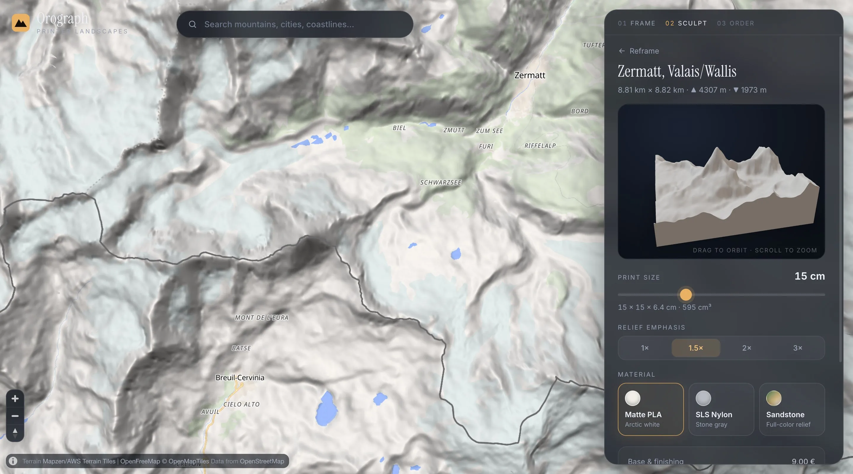 The Orograph configurator framing the Matterhorn on a 3D globe
